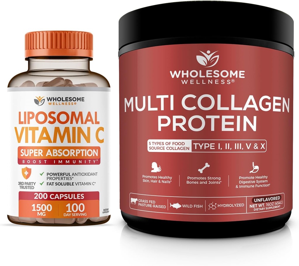 Wholesome Wellness Liposomal ויטמין C קפסולות + אבקת חלבון רב קולגן hydrolyzed Bundle