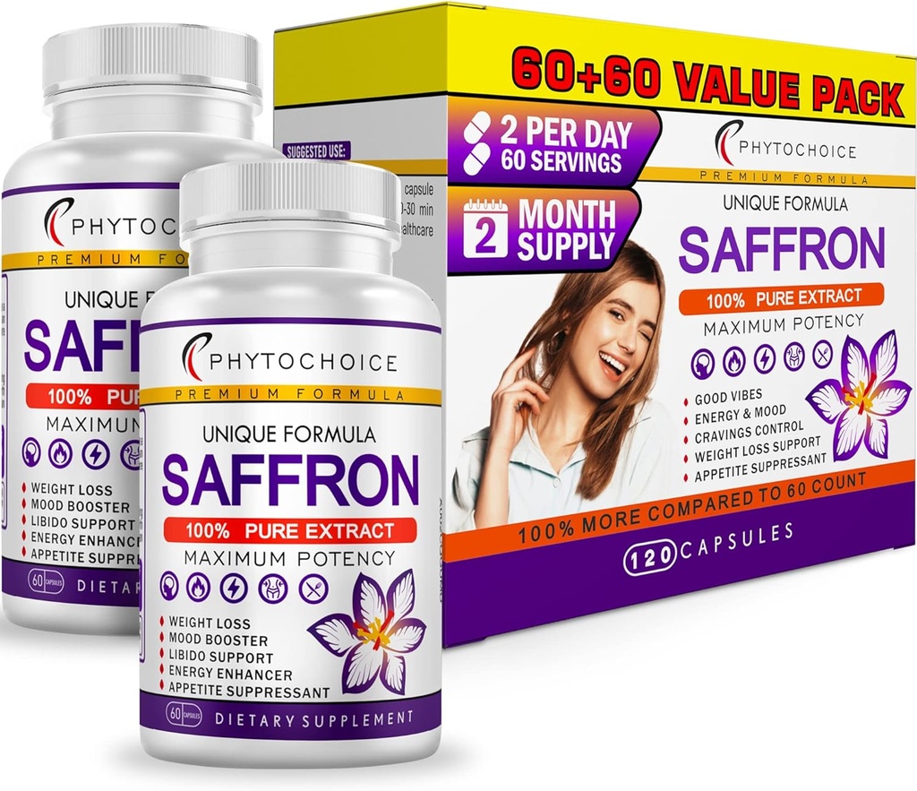 תוספי Saffron - 100% טהור Saffron לחלץ קפסולות - Boost Energy & Mood, Focus, Vision, תומך העין, הרשתית, ו Lens בריאות, תמיכה בריאות הלב לנשים וגברים - Made in USA - 120 קפסולות