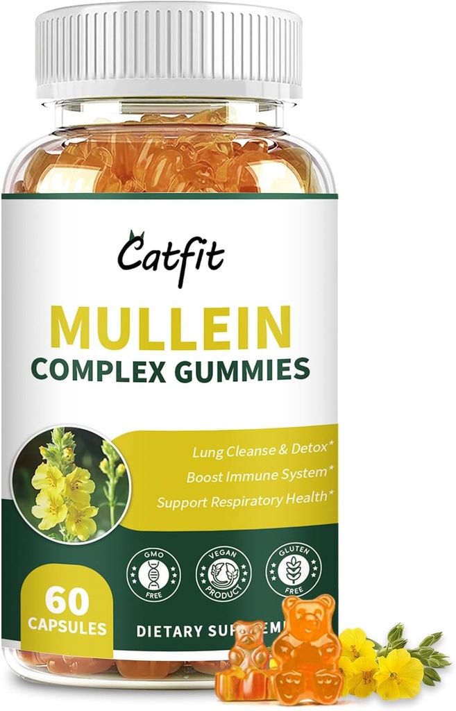Catfit Mullein Gummies for Lungs - מולליין עלץ עם Quercetin, Elderberry עבור Respiratory & Immune תמיכה, Lung Health & Breathing, טבעוני, Pineapple Flavor, 60 מסטיק