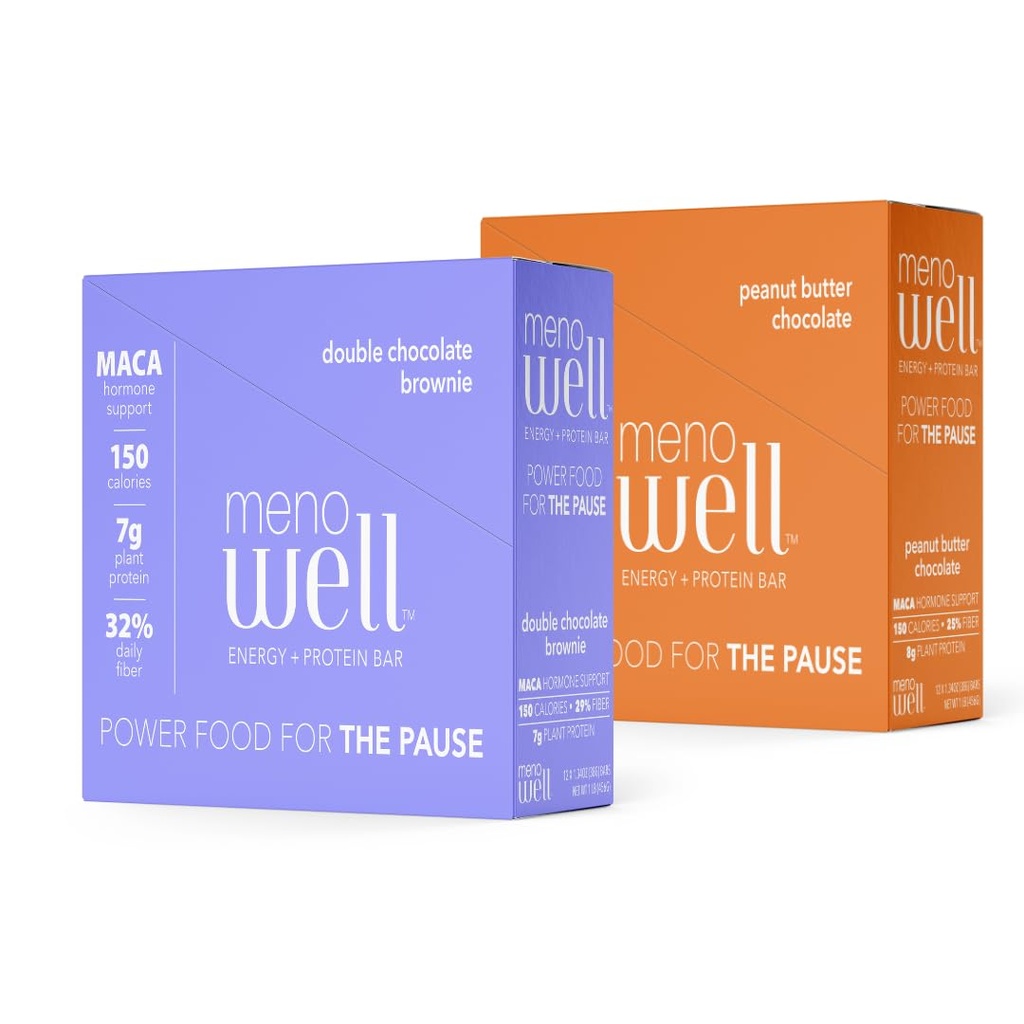 MenoWell Menopause אנרגיה וחלבון Bars for Women (Formally Bossa Bar), Double Chocolate Brownie (10 Count) ו- Peanut Butter Chocolate (10 Count), סיבים גבוהים וחלבון, 20 Count (1 Box of Each)