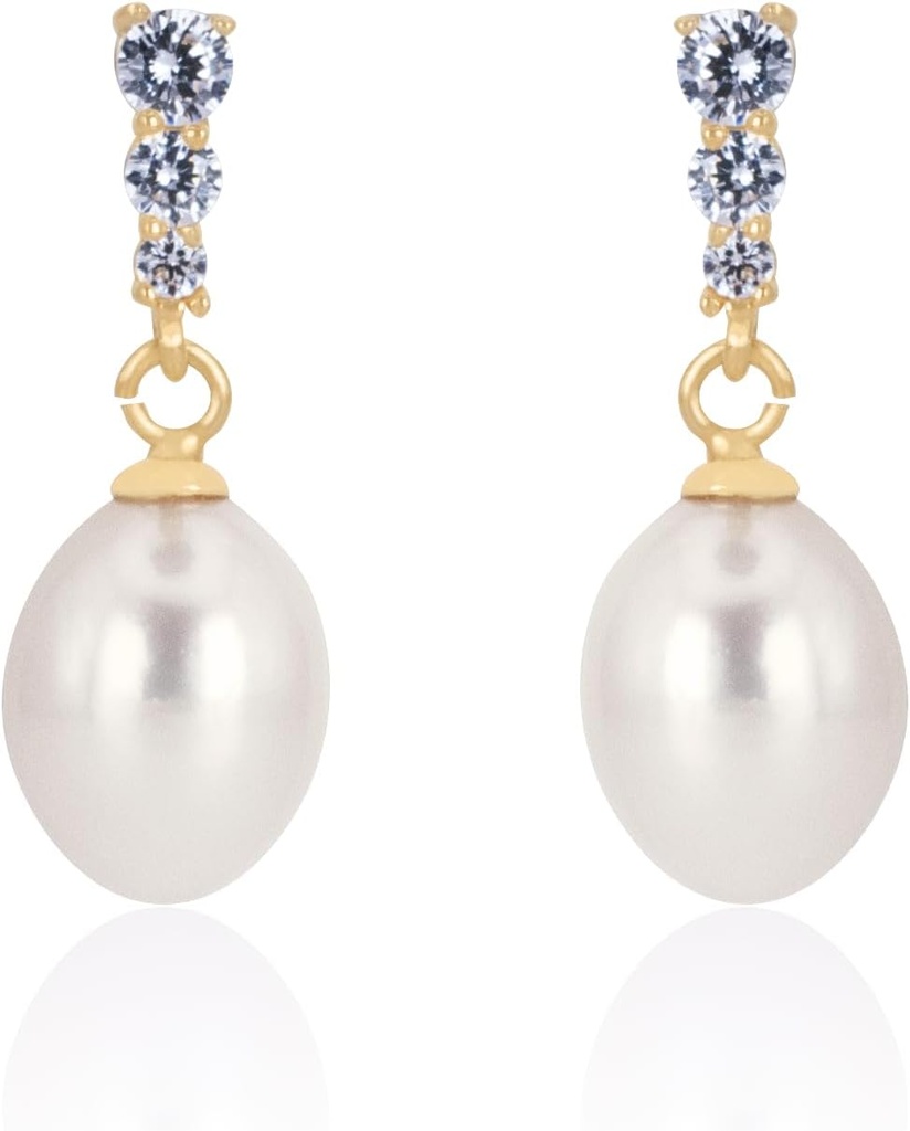 18K זהב פלט סטרלינג Silver Dangle White Drop Handpiced Quality Freshwater Cultured Pearl Wedding Earrings with Cubic Zirconia Crystals פרל Bridal אוזניות