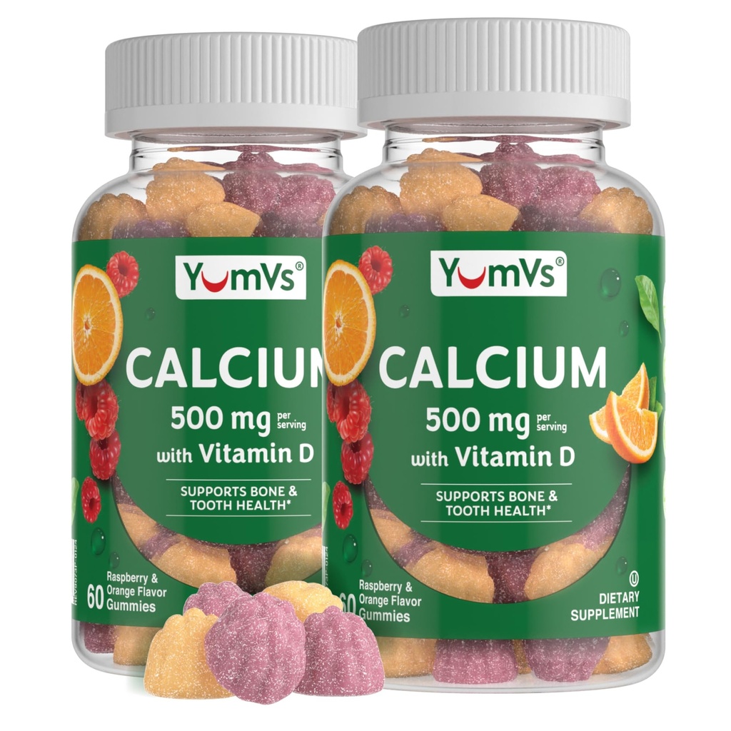 YumVs Calcium 500 מ"ג עם ויטמין D3 - Raspberry & Orange Flavor Calcium ויטמין D Gummies, תוסף CAwable Calcium לילדים ומבוגרים, ויטמין D Calcium חניכיים (60 (Pack of 2)