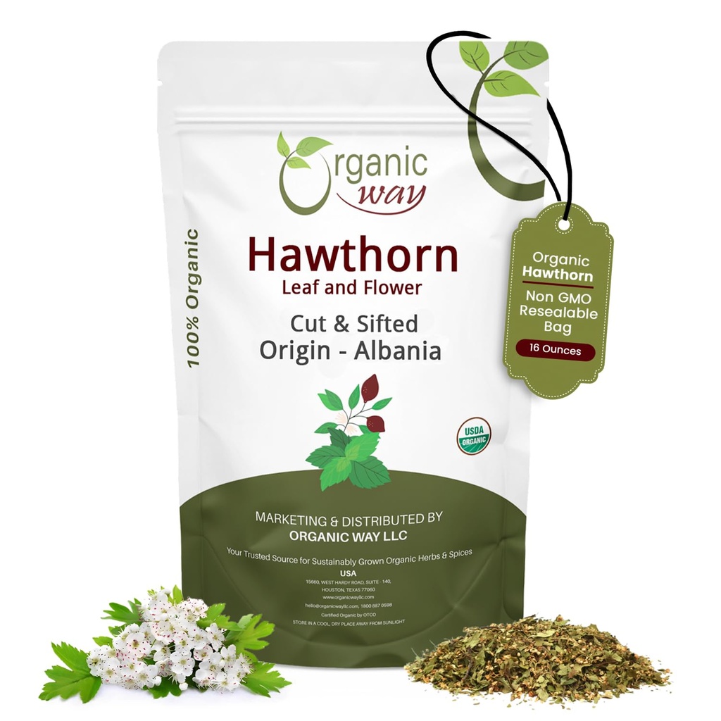 Organic Way Holhorn Leaf and Flower Cut & Sifted (Crataegus monogyna) - Herbal Tea | European Wild-Harvest | USDA & Kosher Certified | Non GMO & Gluten Origin - אלבניה (16 Oz)