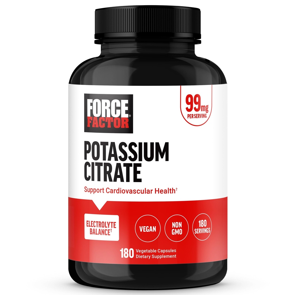 Force Factor Potassium Citrate, Potassium קפסולות לתמיכה בבריאות קרדיווסקולרית, לקדם אלקטרוליטה איזון, ו Boost hydrotion, אידיאלי עבור ספורטאים, 180 קפסולות ירקות