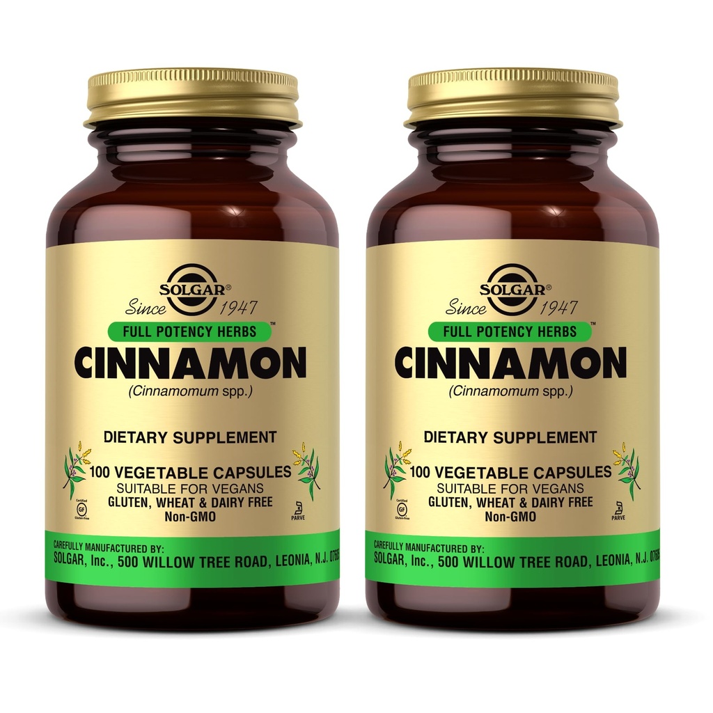 Solgar Cinnamon - 100 קפסולות ירקות, Pack of 2 - Full Potency (FP) - Non-GMO, טבעוני, Gluten Free, Milk Free, Kosher - 200 המשרתים מלאים