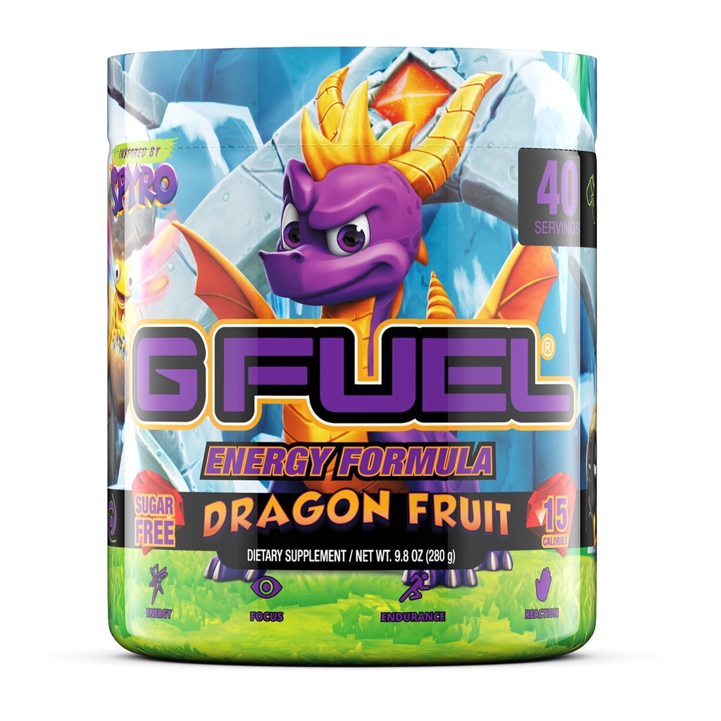 G Fuel Spyro The Dragon Energy Drink, Pre Workout Caffeine Mix for Gaming, Sugar Free Focus Amino, ויטמין + Antioxidants, 9.8oz (פרי דראגון, 40 משרתים)