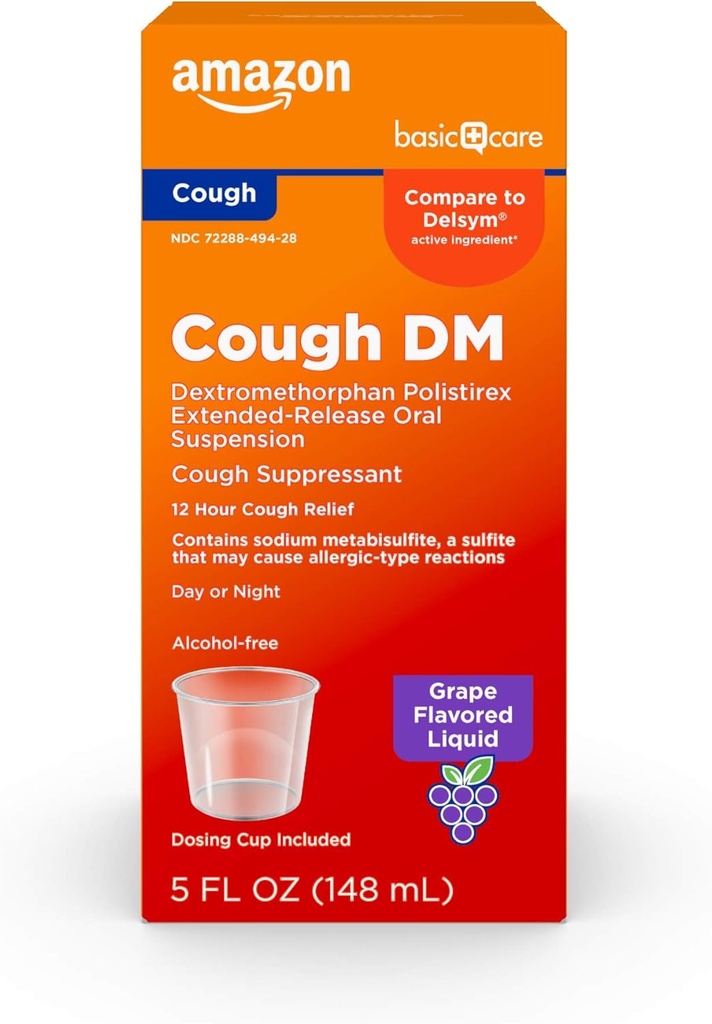 טיפול בסיסי 12 שעה Cough DM Syrup, Extended-Release Dextromethorphan, Grape Flavor נוזלי רפואה, 5 oz (Pack of 1)
