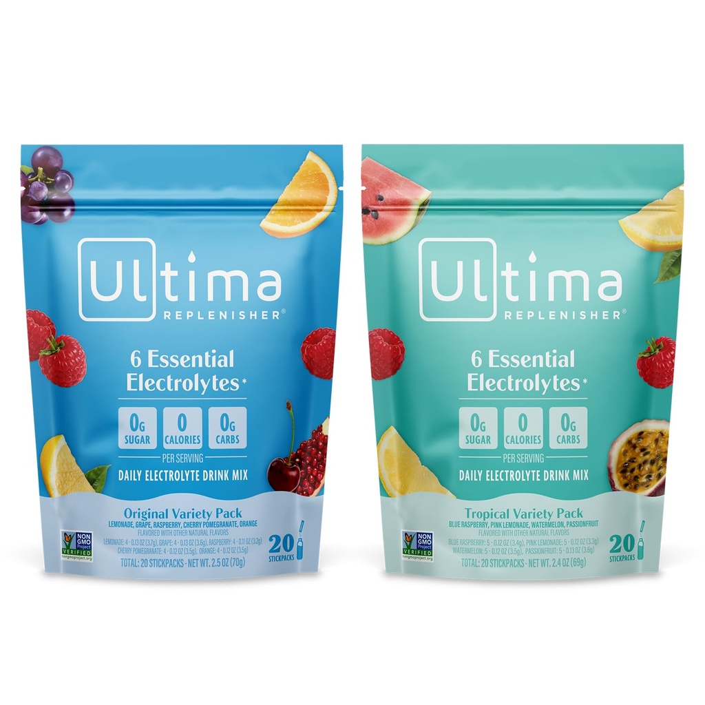 Ultima Replenisher Daily Electrolyte אבקת משקאות Mix - סוכר חינם - מגוון טרופי ו 5-Flavor Variety, 20 Stickpacks - hydrotion Packets עם 6 אלקטרוליטים ומינרלים - Keto, non-GMO