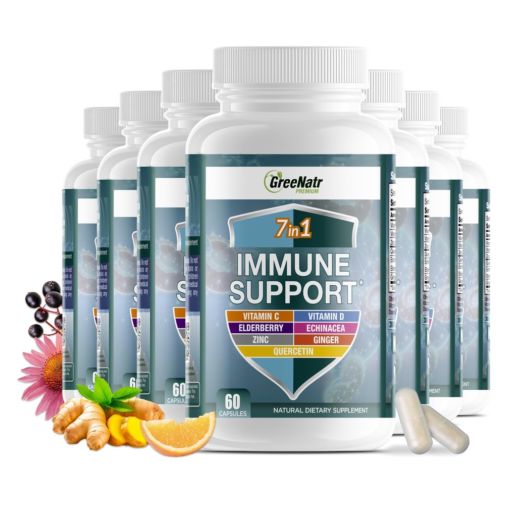 GreeNatr 7 ב 1 Immune תמיכה תוספת עם ויטמין C, ויטמין D3, Zinc 50 מ"ג, Quercetin, Echinacea Purpurea, Sambucus Elderberry וג'ינג עבור הגנה מלאה Immune - 60 קפסולות (12 בקבוקים)