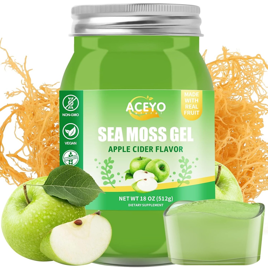 18 OZ) Irish Sea Moss Gel Organic Apple Flavor 102 ויטמינים ומינרלים Wild Harvested non-GMO Immune Defense Booster Thyroid Digestive Support