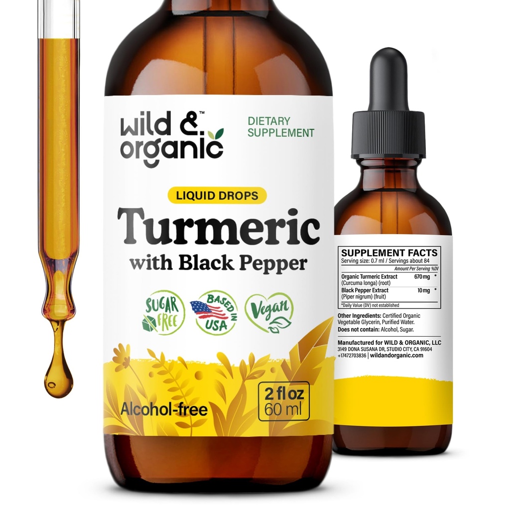 Wild & אורגני Turmeric תוספת נוזל - תמיכה משותפת - Turmeric Curcumin עם Black Pepper לחלץ - Curcumin Root Drops - טבעוני, סוכר ואלכוהול חינם טינקטורה - 2 fl oz