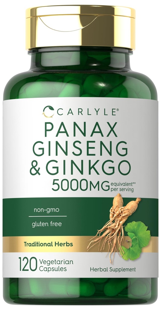 Carlyle Panax גיינסנג וג'ינקגו 5000 מ"ג | 120 קפסולות צמחוניות | Non-GMO & Gluten Free Supplement