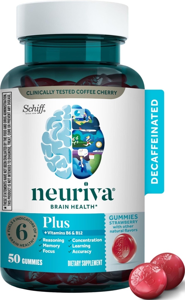 NEURIVA פלוס Brain תוסף זיכרון, Focus & Concentration + Cognitive פונקציונלי עם ויטמינים B6 & B12 ו קלינית Tested Nootropics Phosphatidyline ו Neurofactor, 50ct Strawberry חניכיים