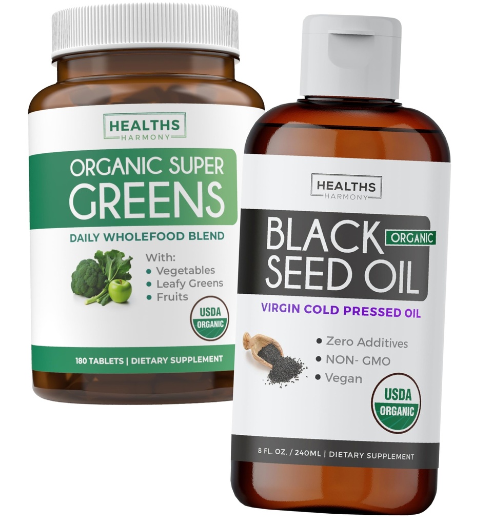 Super Greens & Black Seed Oil (3-Month Supply) Herbal Oil Banddle של אבקת Super Greends אורגני - מזון סופר שלם (180 קפסולות) & אורגני שחור Seed שמן נוזלי - Coldחוץ (8 oz)