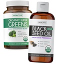Super Greens & Black Seed Oil (3-Month Supply) Herbal Oil Banddle של אבקת Super Greends אורגני - מזון סופר שלם (180 קפסולות) & אורגני שחור Seed שמן נוזלי - Coldחוץ (8 oz)
