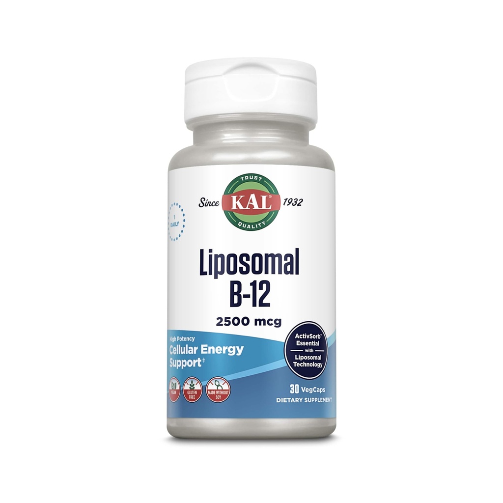ויטמין KAL Liposomal B12 2500 mcg, High Absorption, Liposomal טכנולוגיה, תמיכה באנרגיה סלולרית, קפסולות טבעוניות, Gluten Free, Made Without Soy, 30 משרתות