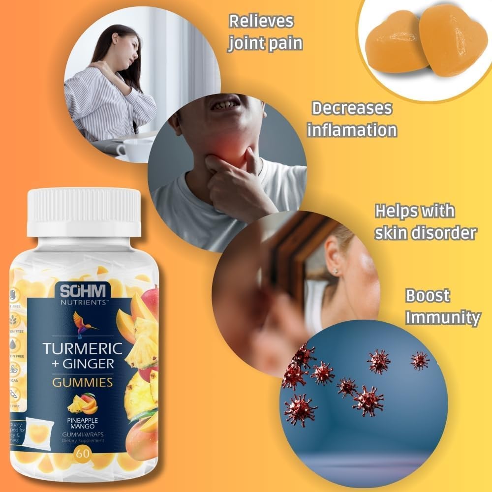 SOHM Turmeric ג'ינג'ר מסטיקנים עם ג'ינג'ר, 60 באופן פרטני, עוזר להפרעות עור, תומך בבריאות משותפת - Pineapple Flavormies for Adults Men and Women