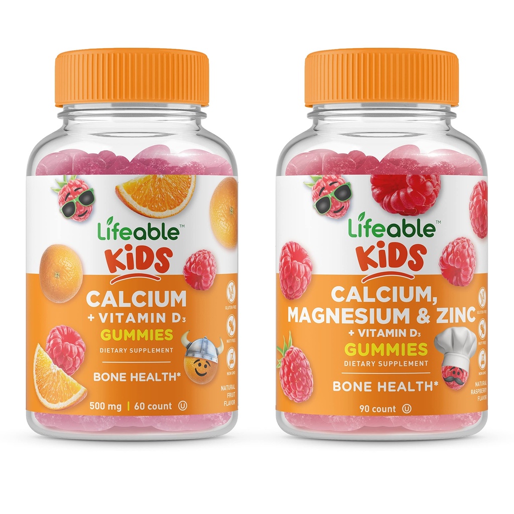משככי חיים עם ויטמין D ילדים + Calcium Magnesium & Zinc ילדים, חניכיים Bundle - גדול Tasting, ויטמין תוסף, Gluten חינם, GMO חינם, Chewable Gummymymymy