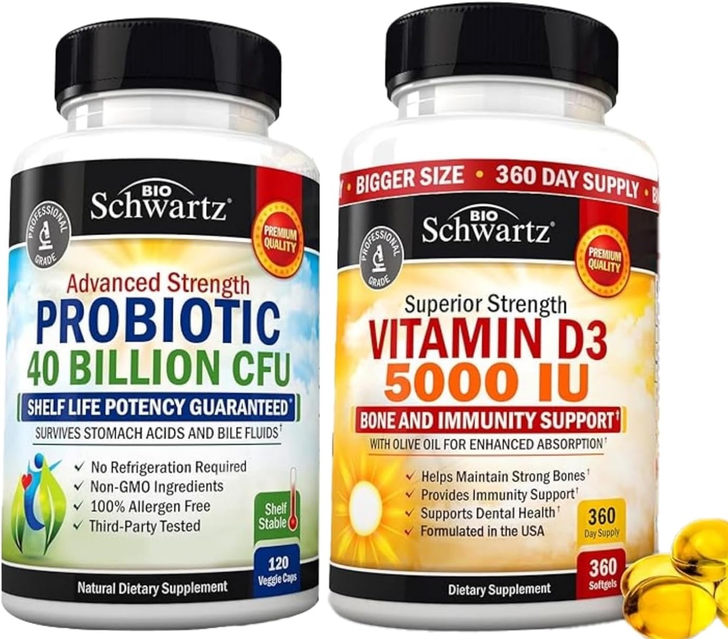 ויטמין D3 5000 IU 125 mcg (1 שנה אספקה) בתוספת 40 מיליארד CFU Daily Probiotic תוספת (2 חודשים אספקה)