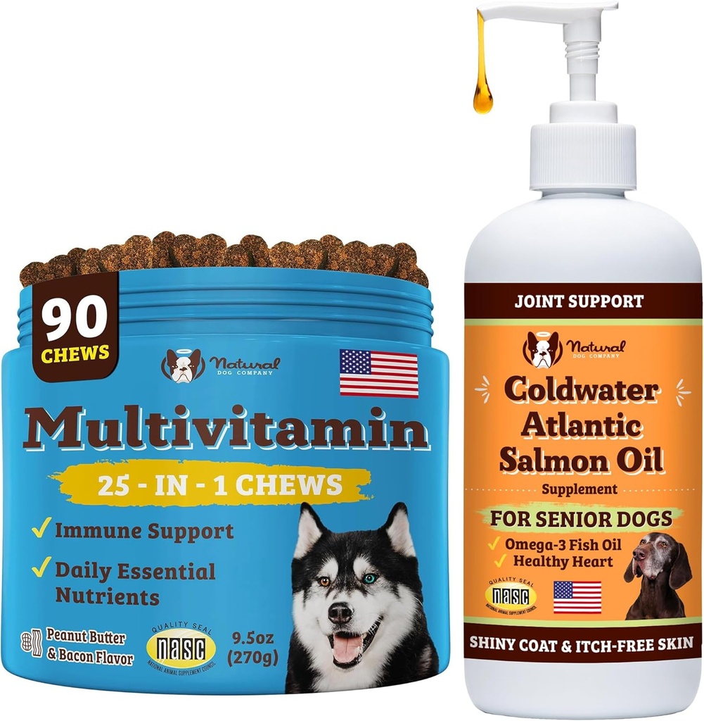 חברת הכלב הטבעי Multivitamin Chews & Coldwater Atlantic Salmon Oil Bundle - Advanced Immune Support, Joint Care, and Cognitive Health for old Dogs - Perfect Daily Supplement, 90 Chews + 16oz Oi