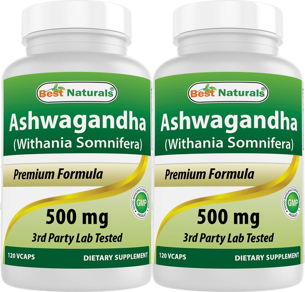 Best Naturals 2 Pack Ashwagandha קפסולות להרגעת מתח ו Mood, 500 מ"ג, 120 Count (רק 240 קפסולות)