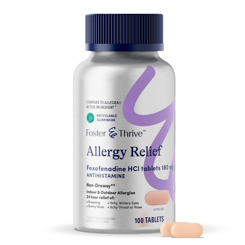 פוסטר & Thrive Fexofenadine HCl Non Drowsy Allergy הקלה עבור Hay Fever, פולן, Itchy Eyes ו Seasonal Allergies, תמיכה יעילה לילדים ומבוגרים, 180 מ"ג, 100 טבליות