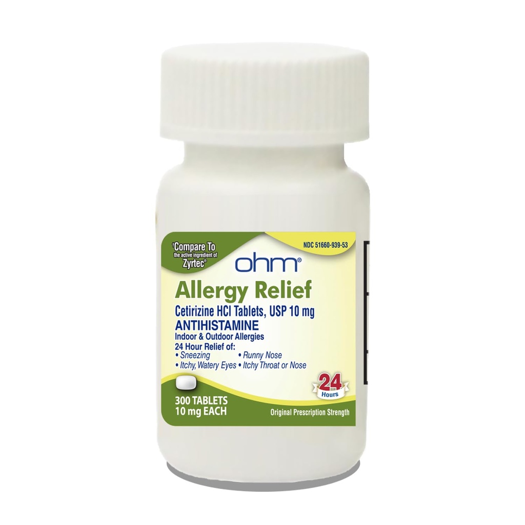Om 24Hour Antihistamine Cetirizine HCl 10 מ"ג טבליות, 300 הרוזן - All-Day All-Day Allergy Relief for Itchy Eyes, Runny Nose, Hay Fever, פולן, Indoor & חיצונית אלרגיה