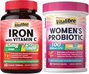 תוספת ברזל, 65 מ"ג ברזל עם 250 מ"ג ויטמין C + Vitalibre נשים Probiotics 100 מיליארד CFU, 15 סטרינס, w /Prebiotic, Cranberry, ויטמין B6 & VC