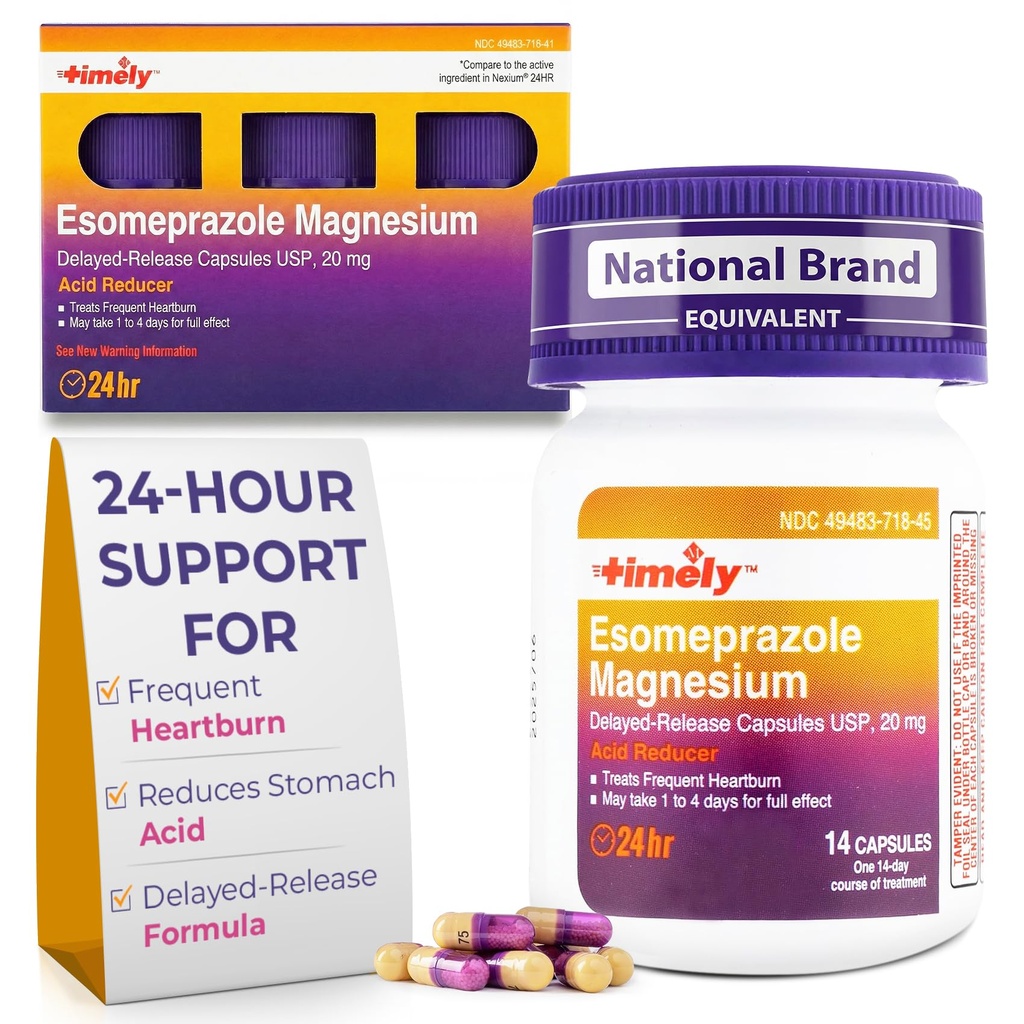 Timely Esomeprazole Magnesium 20mg Antacid Pills - Stomach Acid מופחתr, Frequent Heartburn Relief & Acid Reflux Medicine - 24 Hour Esomeprazole נדחה קפסולות שחרור - 42 Count Count Count Count