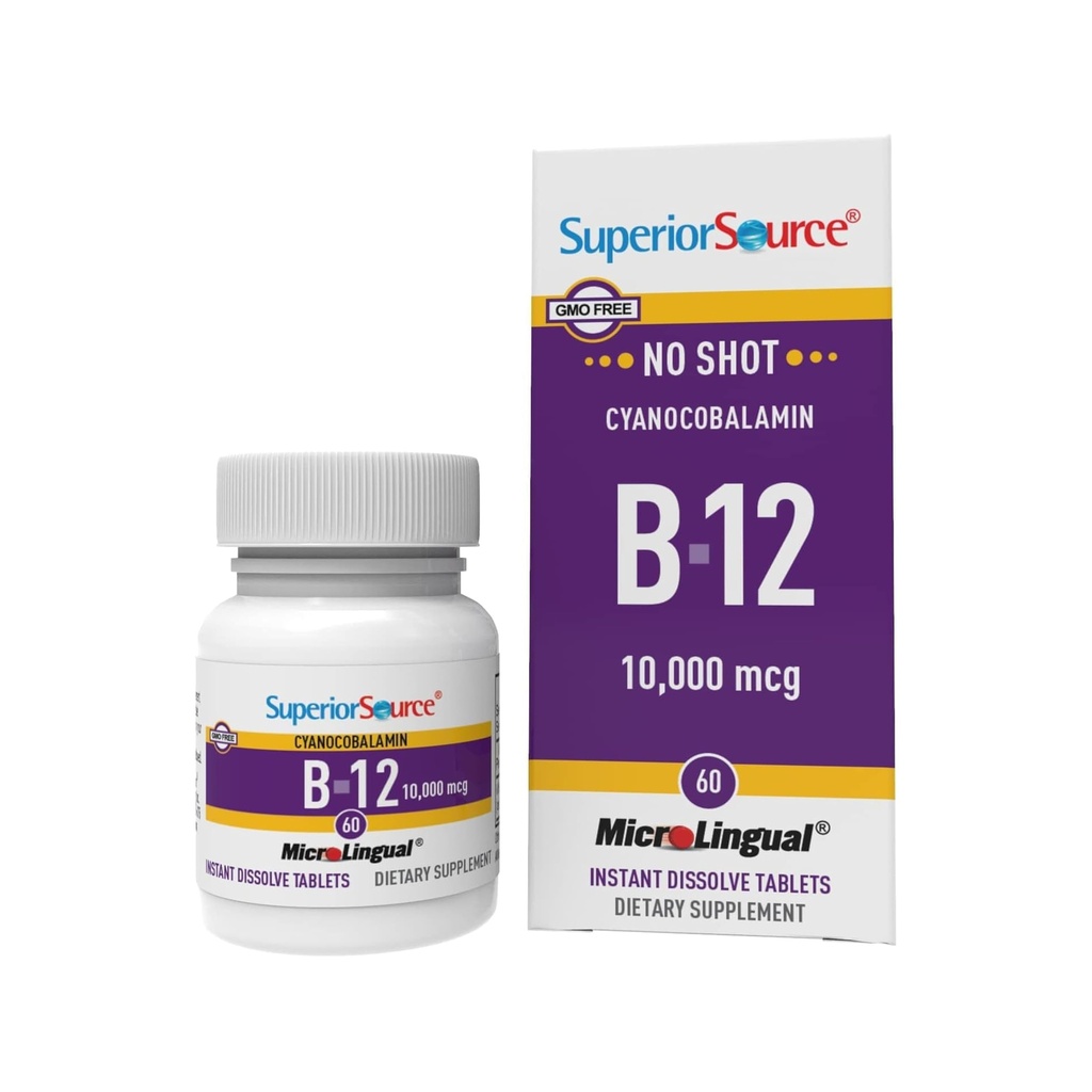 מקור גבוה No Shot ויטמין B-12 Cyanocobalamin 10000 mcg - ויטמין B-12 כדי לתמוך בייצור אנרגיה, בריאות המוח ו-כלל בריאות - טבליות משנה - 60