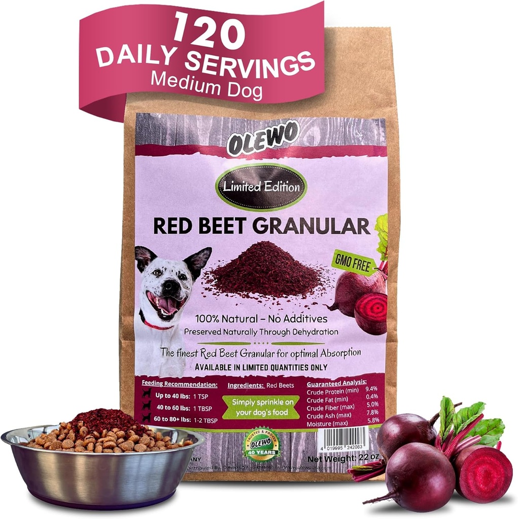 Olewo Red Beets for Dogs Granular - Natural Anti Itch Dog Food Topper, Immune, ניקוי, Skin & Coat Support, Dehydrated Food Multivitamin & סיבים, 22 oz