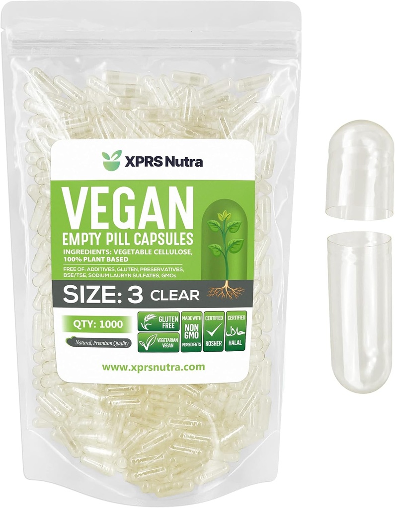 XPRS Nutra Size 3 קפסולות ריקות - 1000 Count Clear Vegan קפסולות - גלולות צמחוניות - קפסולת ירקות DIY מילוי - Veggie Pill Caps