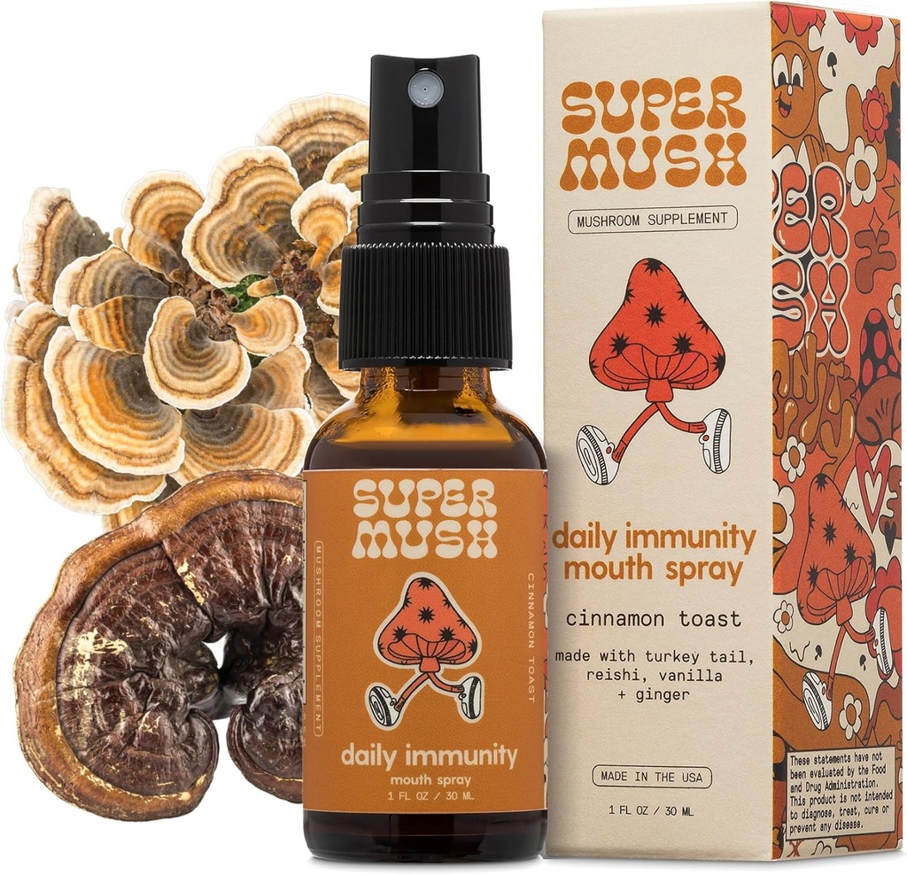 SuperMush Daily Immunity Mouth Spray אורגני - Mushroom Immunity Spray Supplements - טורקיה Tail & Reishi המעורב Mushrooms Extract - Immune & Digestive Health Support - 30 מ"ל Pure & אורגני טורקיה Tail