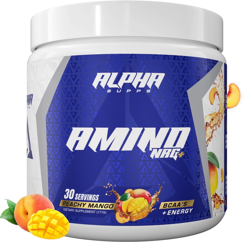 Alpha Supps Amino NRG+ BCAA Amino Energy Recovery אבקה - הידרציה עם אלקטרוליטים - להתמקד בלגן עבור תמיכה ביצועים אופטיים אצל גברים ונשים (30 משרתים, Peachy מנגו)