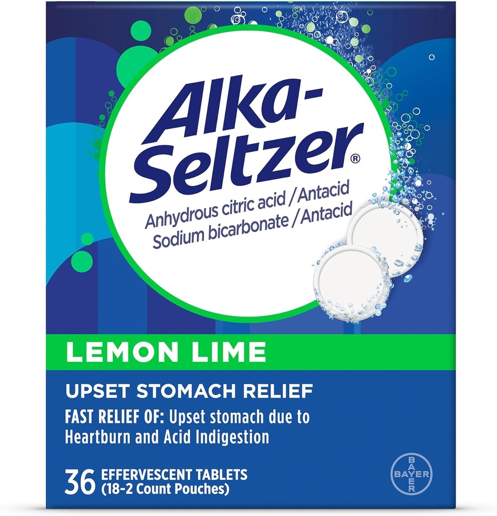 Alka-Seltzer Lemon Lime Heartburn Relief, חומצה מהירה Indigestion הקלה, Antacid עם לימון Lime Flavor 36 Ctt