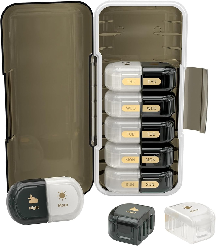 מארגנת גלולות שבועיות 2 פעמים ביום, Moisture-Proof, Detachable השוואתיות, AM PM Pill Box 2X 7 יום, Travel Pill מארגנת עבור גלולות / שמן שמן / מערכת / Vitamin / Supplements (שחור + לבן)