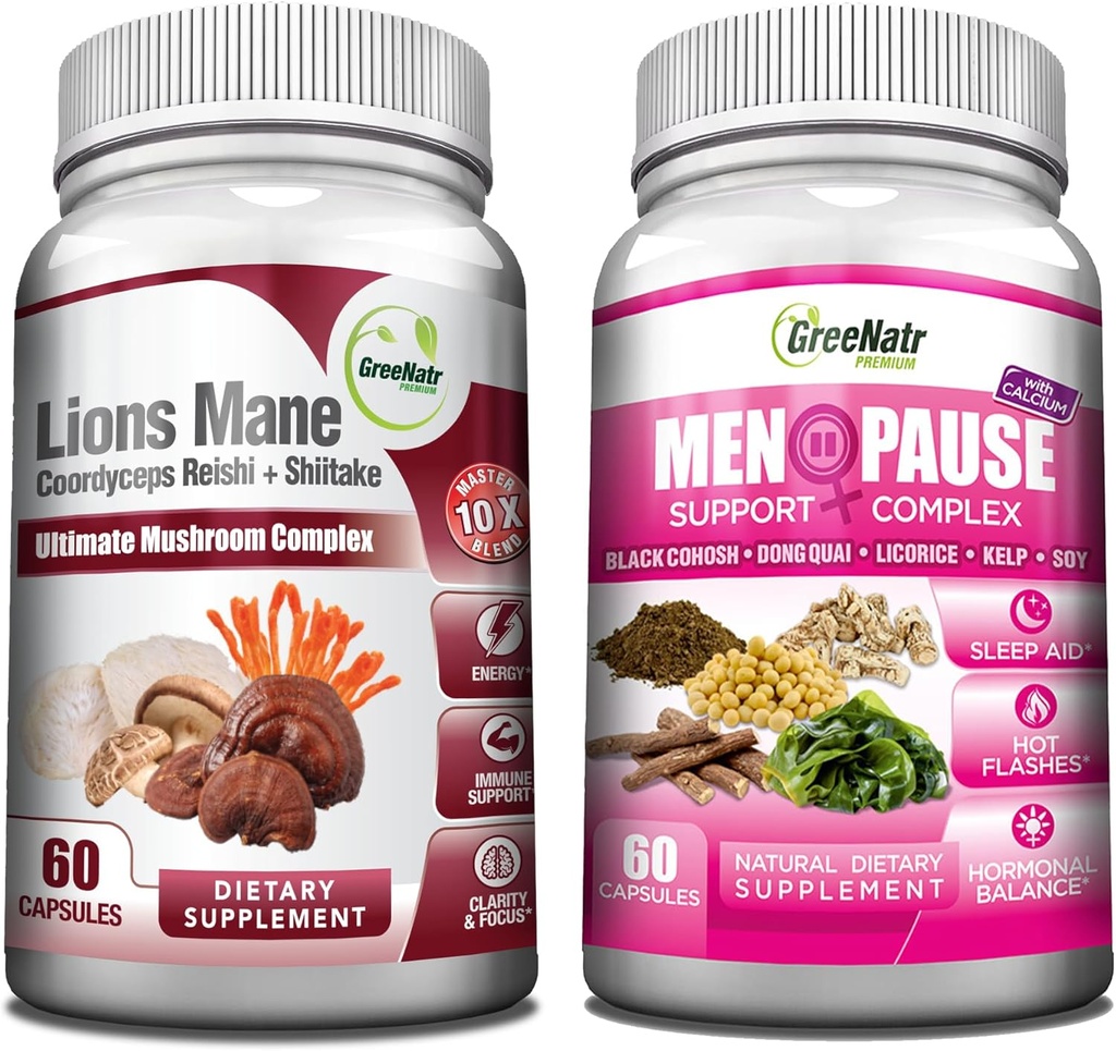 GreeNatr Energy Boost Plus Menopause Support Bundle: תוסף Mushroom שלנו מספק אנרגיה טבעית Boost, קידום ויריאליות מתמשכת + Herbal Menopause Complex for Hot Flashes, Nights Sweats