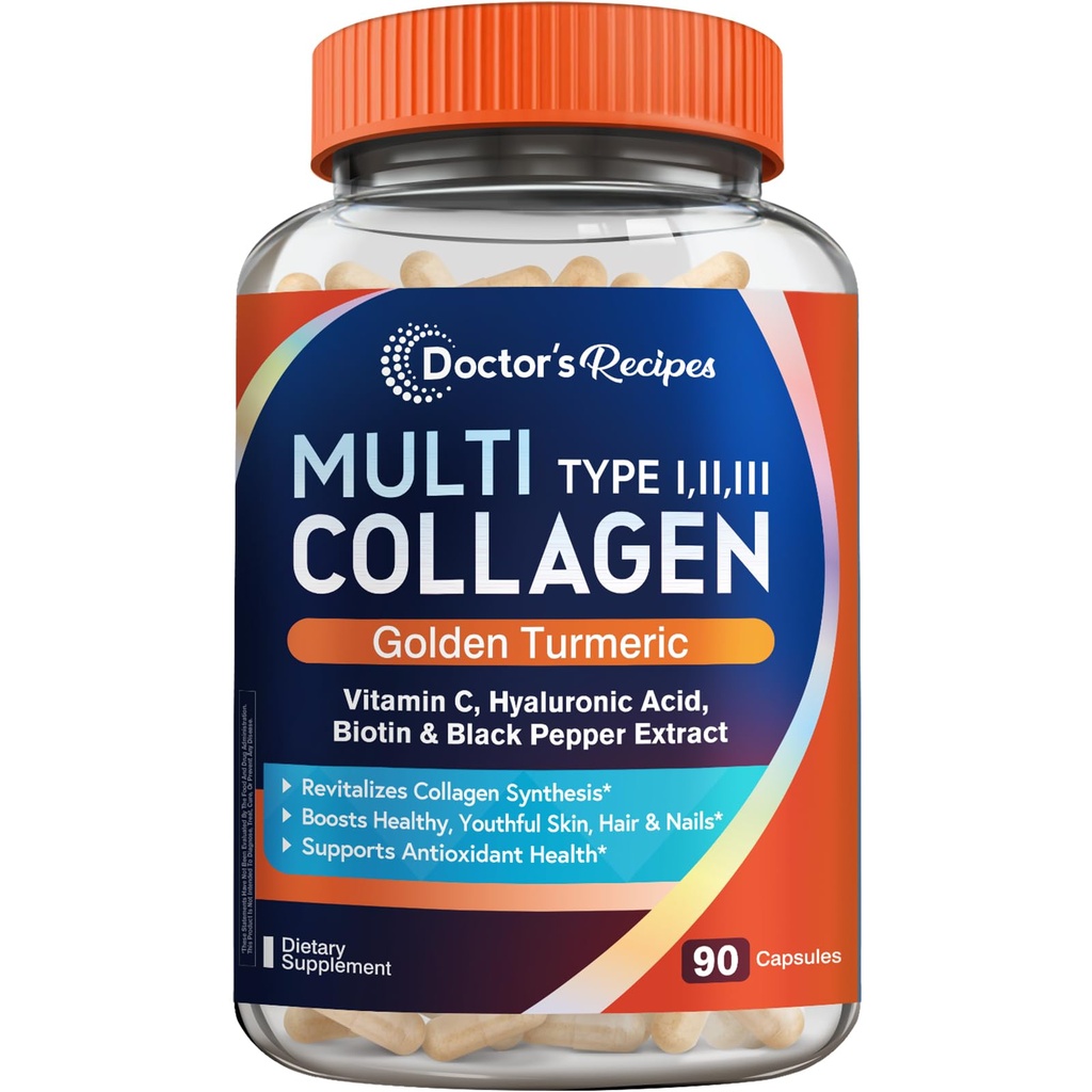 המתכון של הדוקטור Multi Collagen Peptides עם גולדן Turmeric, ויטמין C, ביוטין, Hyaluronic Acid & Black Pepper, תוסף Collagen לעור, שיער, ריח, קולגן לנשים וגברים, 90 Caps Caps