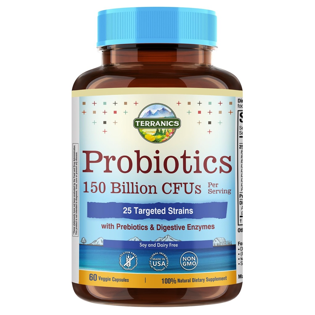 Terranics Daily Probiotics for Men & Women, 150 מיליארד 25 Strains Colony Care Probiotics, with Prebiotics & Enzymes, בריאות סדירות, נדחה, Shelf Stable, 60 Veggie Caps