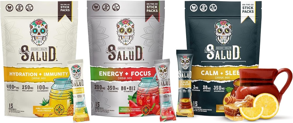 Salud Variety 3Pack | 2in-1 hydrotion + Immunity (Pineapple), Energy + Focus (Strawberry Watermelon) & Calm + Sleep (Lemon Honey) - 15 משרתים כל אחד, non-GMO, Gluten Free, Low Calorie, 1g of Sugar