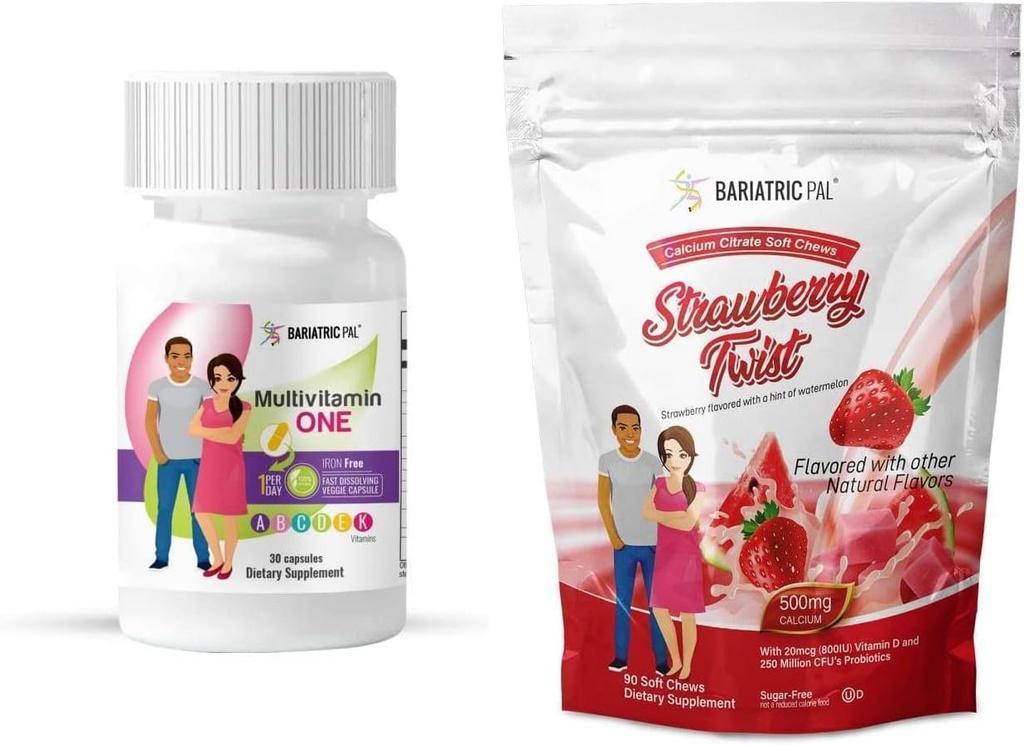 BariatricPal Duodenal Switch שלם 30 יום אספקת ויטמין Pack (Iron-Free קפסולת Calcium Citrate Soft Chews with Probiotics - Strawberry Twist)