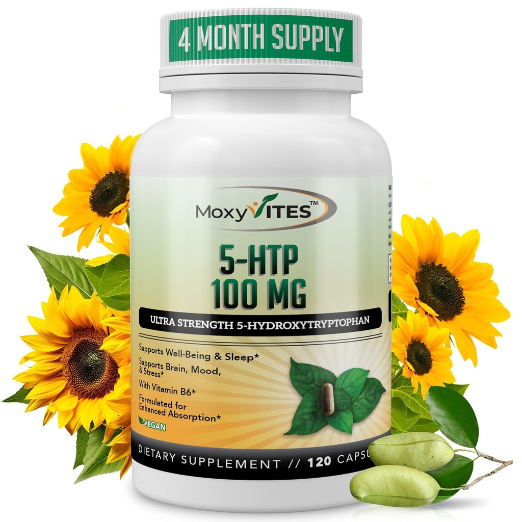 MoxyVites 5HTP 100 מ"ג תוספי, Plus B6, 5 HTP אורגני מזון שלם - Best Seroton Booster - Non-GMO, 120 קפסולות טבעוניות