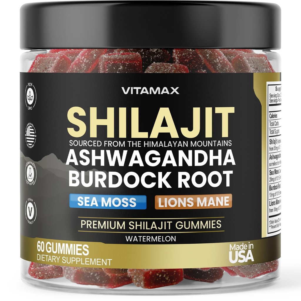 אורגני Shilajit Gummies, Sea Mos, Ashwagandha, 105 + Trace מינרלים - אורגני Burdock Root & Lions Mane Mushroom - Watermelon Flavor - טבעוני ולא GMO - Made in USA - 60ct