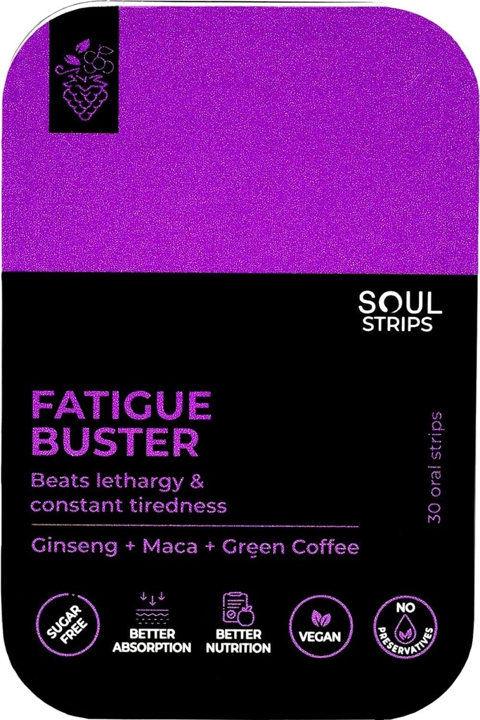 Soul Strips Fatigue Buster גינזנג, Maca, קפה ירוק, מפחית שומן נפשי וגופני, מעורב ברייס פלאר, Quick Absorb, Daily Use, Zero Sugar, Vegan, 30 Strips Pack