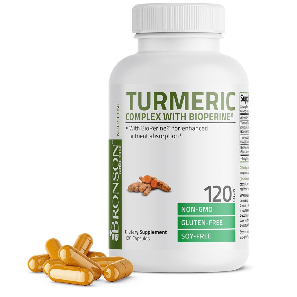 Bronson Turmeric Curcumin עם BioPerine - תמיכה משותפת בבטיחות גבוהה Premium עם 95% סטנדרטיים Curcuminoids - non-GMO כמוסות עם Black Pepper - 120 Count