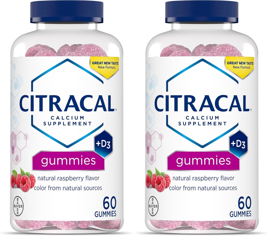 CITRACAL Calcium תוסף חניכיים, Chewable Calcium עם ויטמין D3, תומך בריאות העצם, Calcium Chews במשך שנים 12+, Raspberry Flavor טבעי, 60 Count (Pack of 2)