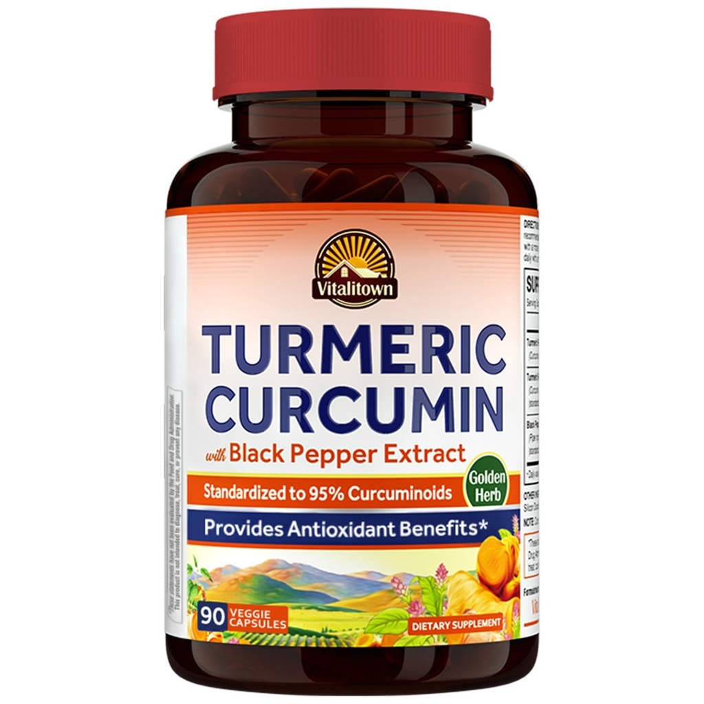 Vitalitown Turmeric Curcumin Root + Black Pepper, 1800MG, הודו Grown, 95% קורטונואידים סטנדרטיים, Ultra Potency, 2000% Absorption, No Lead or Gluten, תמיכה טבעונית, 90 ct