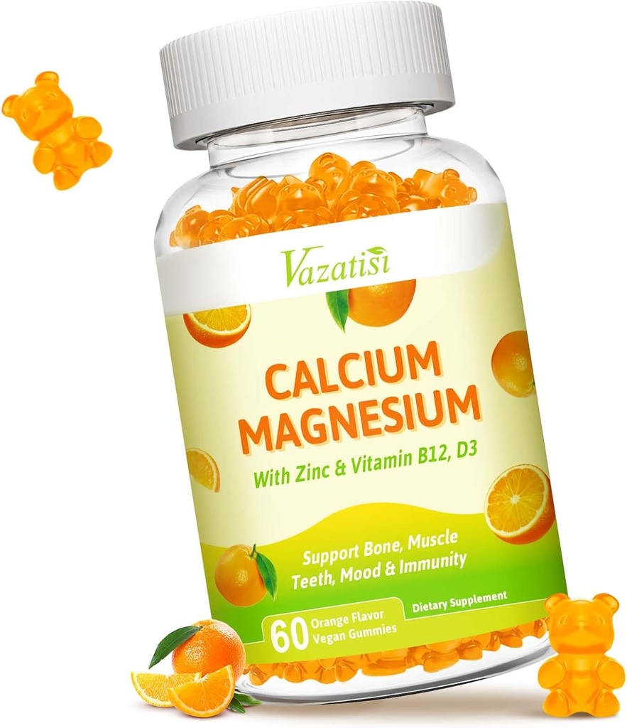 Calcium Magnesium Zinc Gummies עם ויטמין D3 ו-K2, High Absorption Magnesium Glycinate Potassium עבור Immune ו Calm Mood, כתום פלאמור 60mies