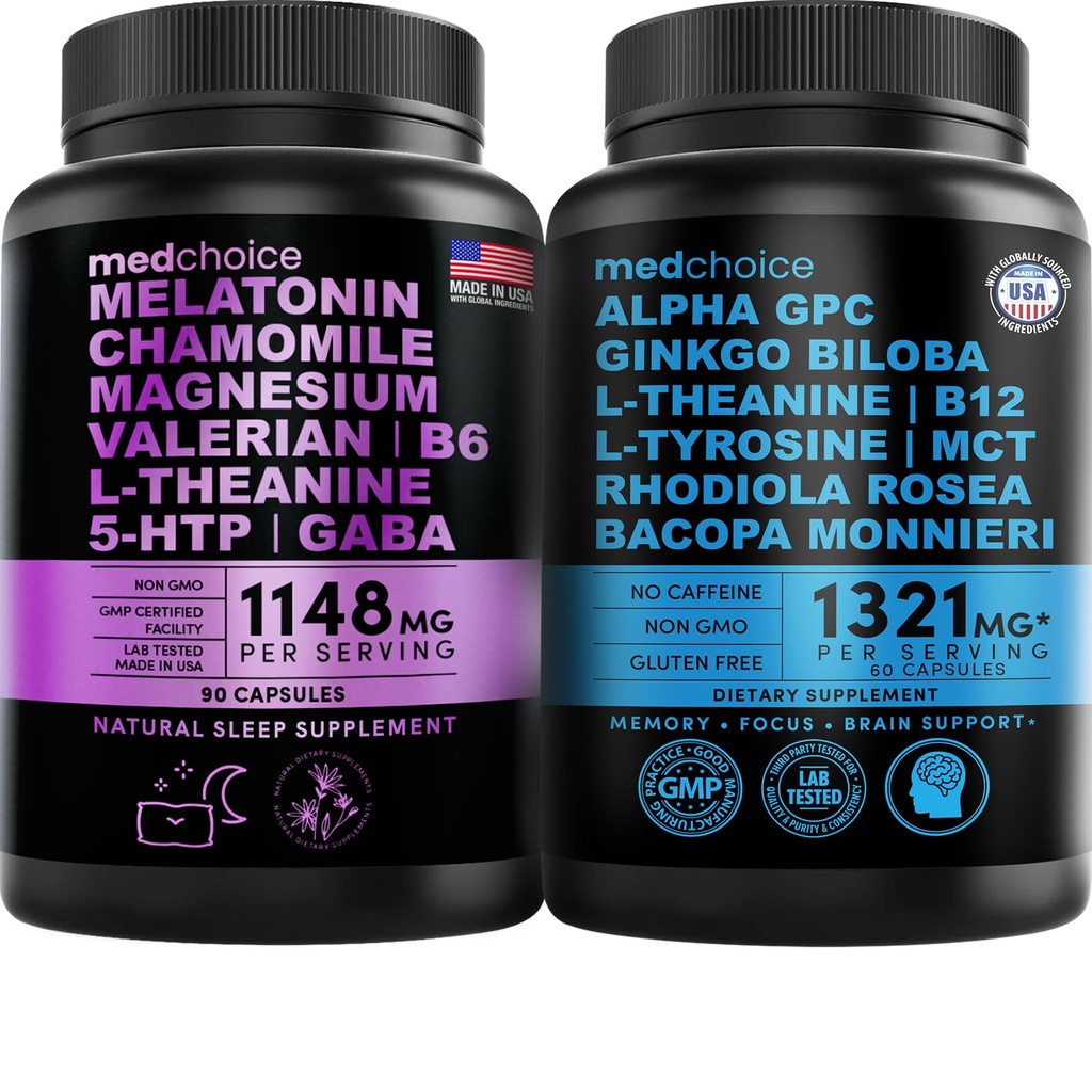 MEDCHOICE Sleep Melatonin (90ct) ו- Nootropic Brain (60ct) תוסף Bundle - Wellness Duo for Sleep, Brain, Focus, & Mood Support - טבעוני, Non-GMO, Gluten-Free