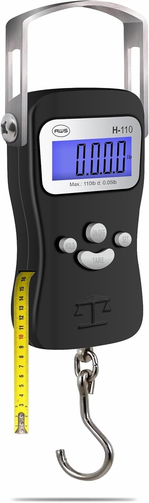 AWS Digital Luggage Scale, Fish Weighing Scale, Hanging Scale 110lb/50kg - Die-Cast Metal Construction, Built-in Tape Measure, Hook & Handle - for Travel, Fishing, Archery, Hunting, Outside (Black)
